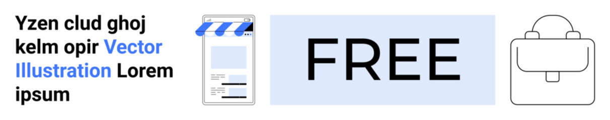 Text highlighting FREE, document with storefront awning, and outlined briefcase. Ideal for digital marketing, online promotions, e-commerce, business tools, free offers, education or a simple