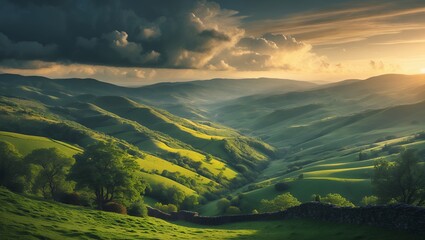 Obraz premium Rolling Green Hills Landscape with Dramatic Sky and Setting Sun