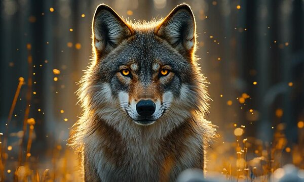 Majestic wolf with piercing eyes in a sunlit forest, surrounded by glowing autumn foliage