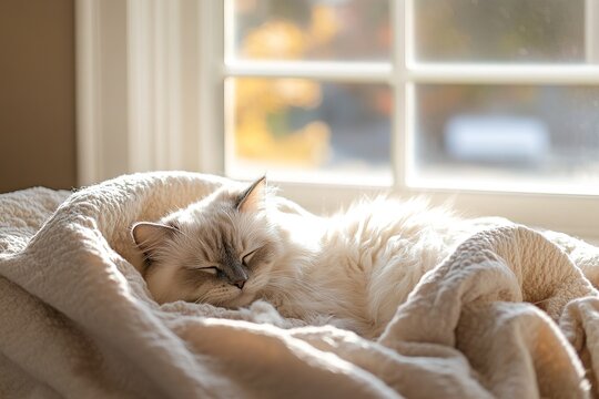 White fluffy cat sleeping on a cozy beige blanket by the window