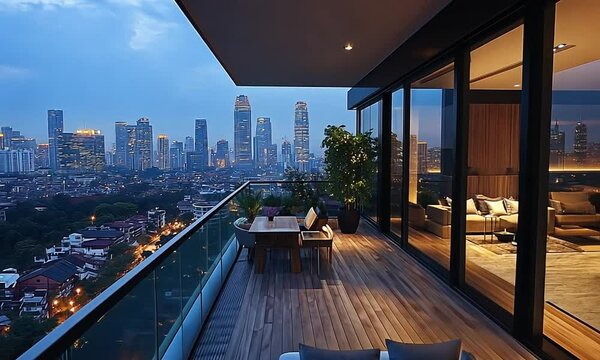 Modern balcony overlooking a city skyline at dusk, featuring cozy seating and urban lights