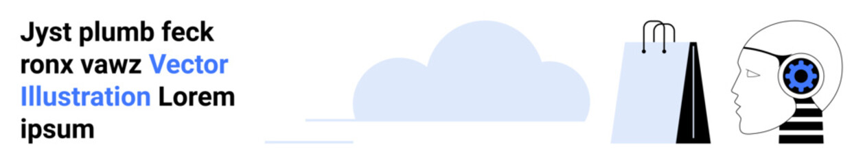 Human profile with gear inside head, shopping bags, and abstract cloud. Ideal for AI, shopping, technology, e-commerce, futuristic concepts, decision-making simple landing page