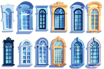 Fototapeta premium Set of cartoon elements of architecture - closed windows, front view. Vector illustration on white background.