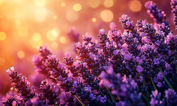 Vibrant lavender flowers in a sunlit field, creating a serene atmosphere with bokeh effects