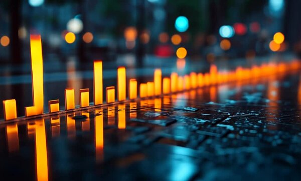 Vibrant urban street scene at night with glowing orange lights reflecting on wet pavement
