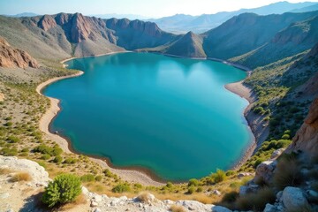 Irregular shaped lake with meandering shoreline, rocky areas, spring, geography