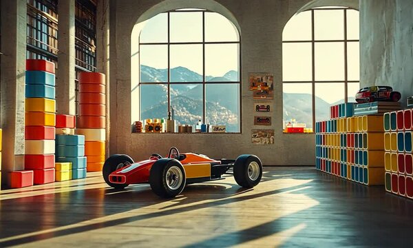 Vintage race car displayed in a spacious garage with colorful storage boxes and mountain view