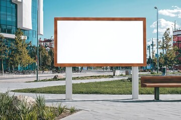 Obraz premium Modern Urban Billboard in a Public Outdoor Square with Green Landscaping - Space for Text