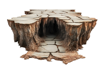 Cracked earth path leads to dark cave mysterious landscape