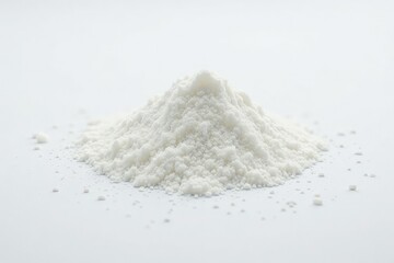 Pile of white granulated sugar on white background, sugar bowl, product photography