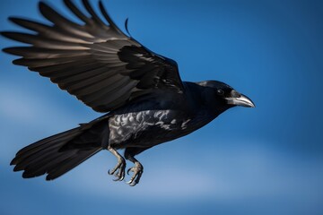 A captivating crow in flight against a clear blue sky with its wings spread wide and feathers detailed