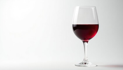 Rich red wine in a glass, clean white backdrop, luxury, texture, dark