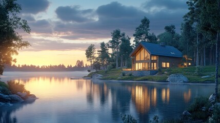 Fototapeta premium Serene lakeside cabin at sunset, illuminated by golden light.