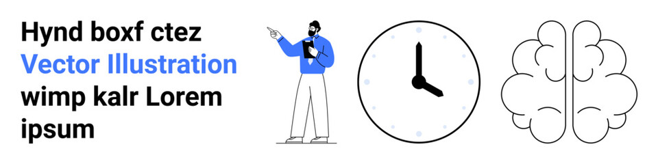 Person presenting insights, clock symbolizing time management, brain for creativity. Ideal for education, business strategy, innovation, productivity, time management, brainstorming simple landing