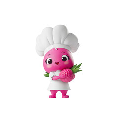 Adorable Pink Chef Character Holding a Raspberry
