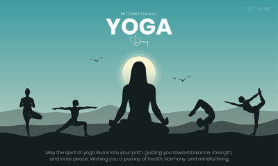 International Yoga Day Banner and Greeting Card Design. 21 June - Yoga Day Creative Background with Meditation Pose Silhouette Vector Illustration