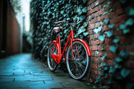A vibrant red bicycle stands against a textured brick wall covered in lush green ivy in a narrow alleyway.