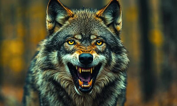 Fierce wolf growling in a dense forest during autumn, showcasing its sharp teeth and intense gaze