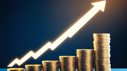Conceptual image of financial growth and stock represented by glowing arrows and stacked coins in digital space, Generative AI