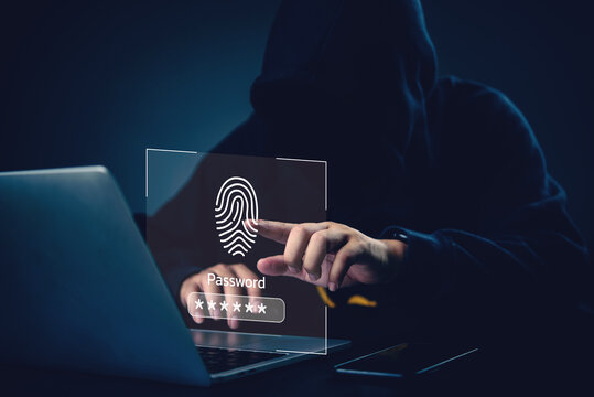 Cybersecurity threat concept with hacker using fingerprint to access password data, showing digital identity protection, online security and internet privacy risk. - Powered by Adobe
