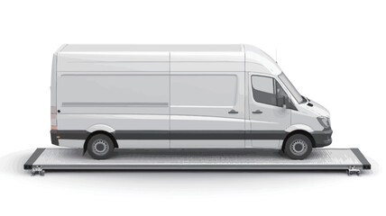 This photo shows a brand new white van parked in the middle of a dark grey industrial scale against a pure white background. The van is shown in a three quarters side view.