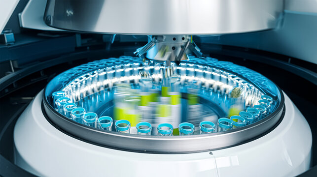 Closeup of a modern robotic machine for blood centrifugation and urinalysis. Hospital laboratories, automatic biochemical analyzer