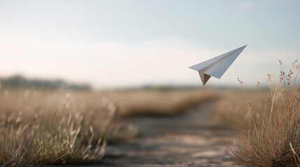 A single paper airplane flying over an empty field