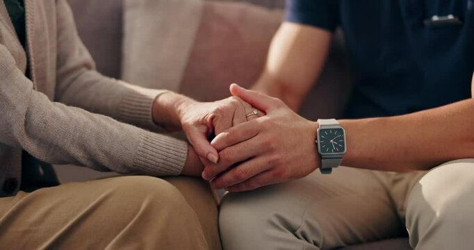 Holding hands, comfort and man with mother on sofa for empathy, support or trust together. Love, compassion and male person with mom for connection, help or advice on grief at retirement home.