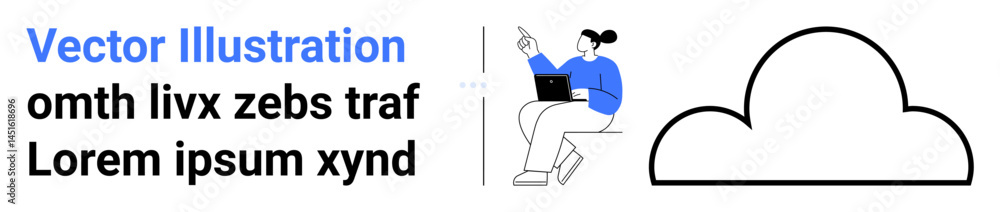 Poster individual seated with a laptop, pointing to a cloud outline representing data or technology. ideal 