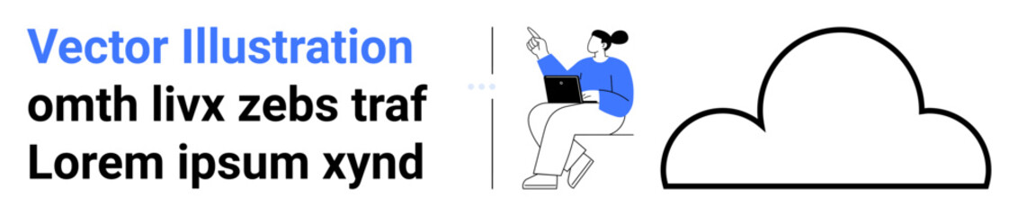 Individual seated with a laptop, pointing to a cloud outline representing data or technology. Ideal for technology, cloud computing, digital transformation, remote work, innovation, education, simple