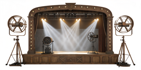 vintage theater stage lights with bright beams isolated on white background png