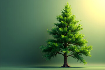 Lush green fir tree standing tall on green background