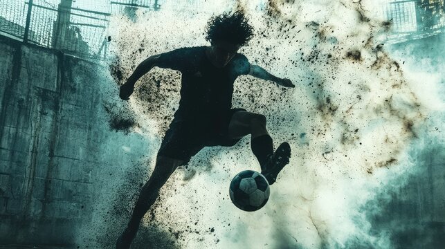 Dynamic soccer player mid-air, surrounded by a dramatic dust cloud, showcasing athleticism and skill - Powered by Adobe