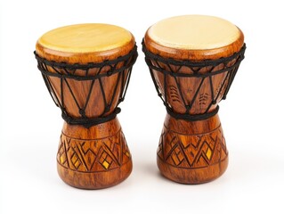 Pair of Carved Brown Wooden Djembe Drums on White Background