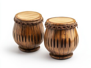 Pair of Intricately Carved Brown Wooden Drums on White Background