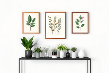 Botanical Print Wall Decor: Framed Floral Art Above Modern Console with Potted Greenery, Indoor Plants, Vases, and Clean White Wall Background        