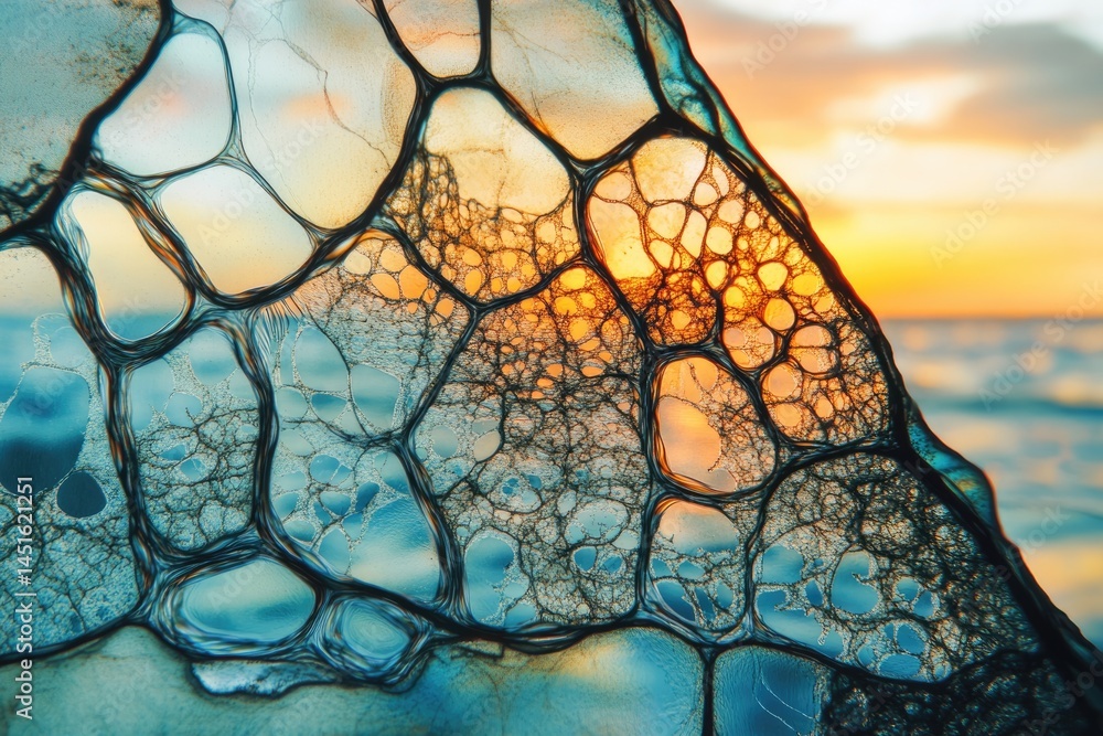 Poster a close-up reveals cell-like structures against a sunset backdrop, creating a mesmerizing blend of o