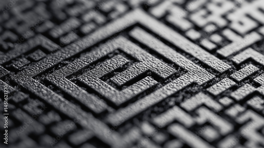 Poster detailed abstract texture of a dark, intricate maze or circuit pattern with a central square design,