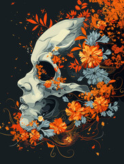 Skull with flowers and birds on a dark background. Vector illustration.