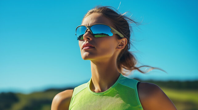 Determined woman in reflective sports sunglasses and activewear, looking strong and focused during outdoor training under clear sky.