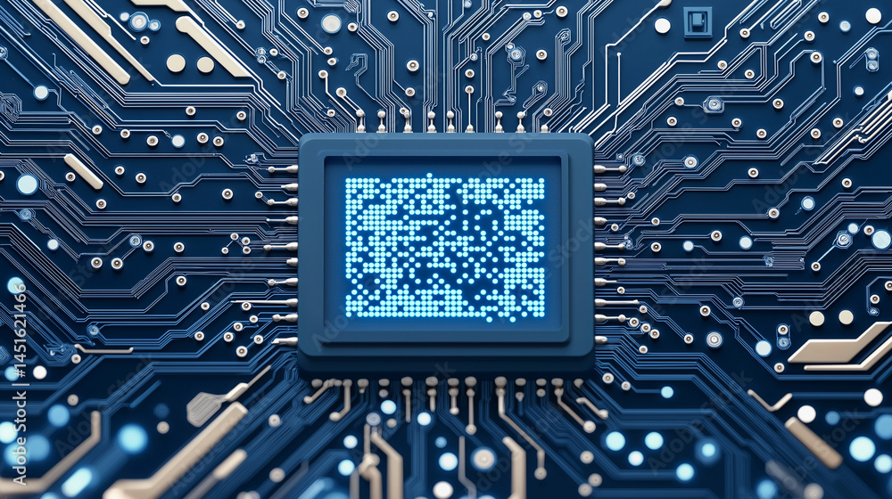 Poster detailed close-up of a central processing unit (cpu) on a circuit board, with abstract blue data pat