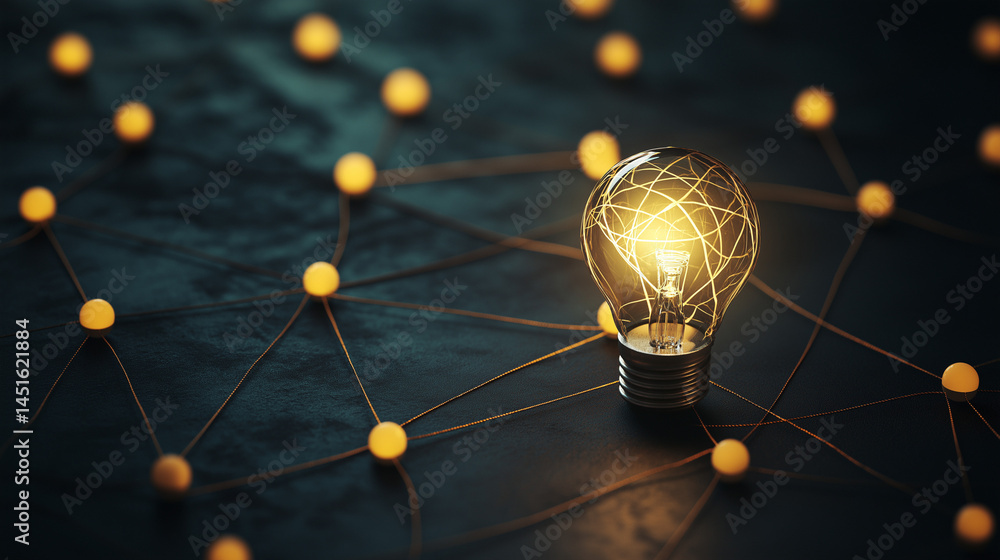 Poster glowing light bulb on a dark background, connected to a network of illuminated points, symbolizing i