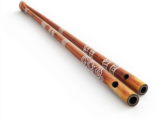 Naklejka premium Pair of Ornate Brown Wooden Flutes on White Background