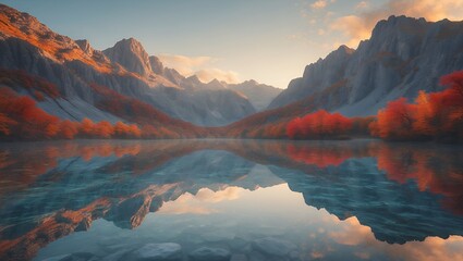 Reflecting Mountain Lake Landscape with Autumn Trees and Calm Water