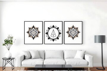 Modern Living Room with Geometric Mandala Art in Black Frames above a Comfortable White Sofa and Minimalist for a Stylish Home Interior         
