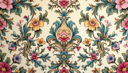 Intricate floral damask pattern in muted tones, repeating, seamless, art