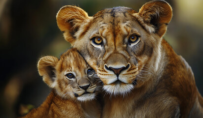 Fototapeta premium lioness and cub portrait, tender moment in the wild