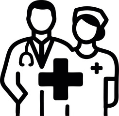 Flat Black and White Vector Icon of Doctor and Nurse with Medical Cross – Hospital Healthcare Team Symbol