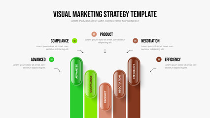 Sales Overview 5 Element Infographic Frame Template. Investor Launch Five Step Diagram Slide Layout. Modern Showcase Presentation Design Vector Illustration.