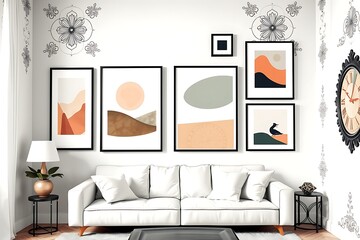 Modern Living Room Interior with Abstract Art and a White Sofa against a Wall with Floral Patterns                                                    